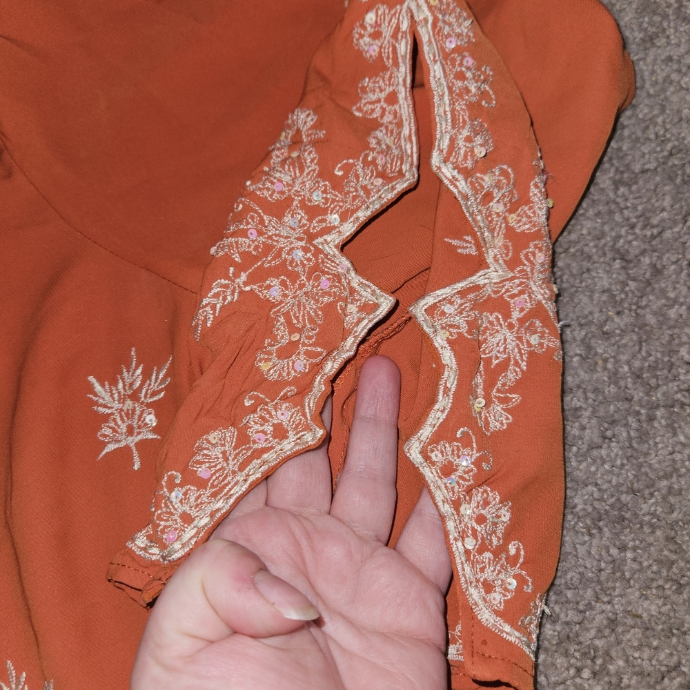 Vintage Y2K Miss Choosy Boho Embroidered Sequin Orange Tunic Long Sleeve Top - Picture 5 of 6